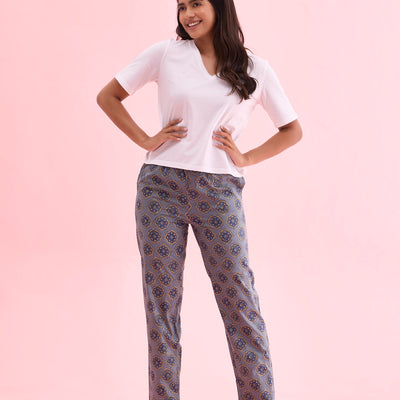 Women Printed Blue Cotton Woven Lounge Pants