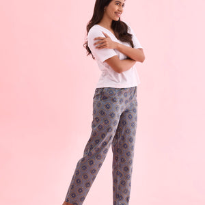 Women Printed Blue Cotton Woven Lounge Pants