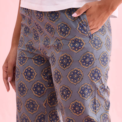 Women Printed Blue Cotton Woven Lounge Pants