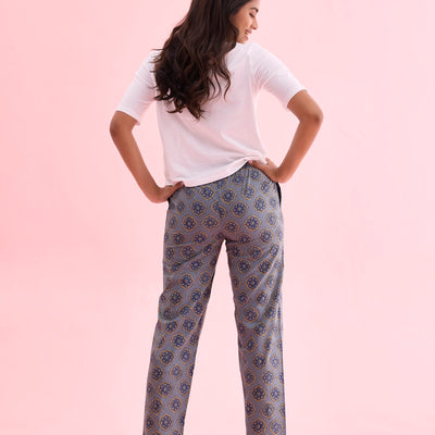 Women Printed Blue Cotton Woven Lounge Pants
