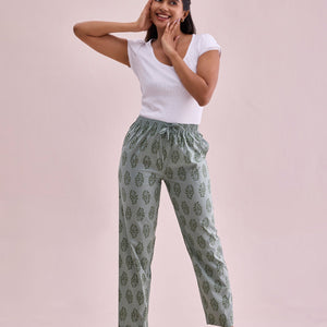 Women Printed Greens Cotton Knit Lounge Pants