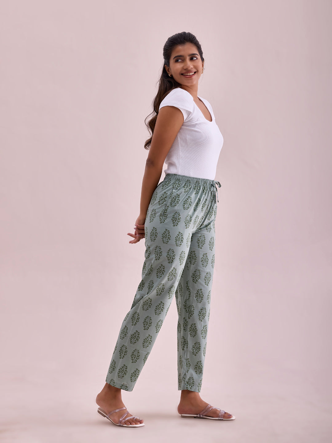 Women Printed Greens Cotton Knit Lounge Pants