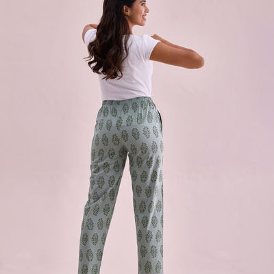 Women Printed Greens Cotton Knit Lounge Pants