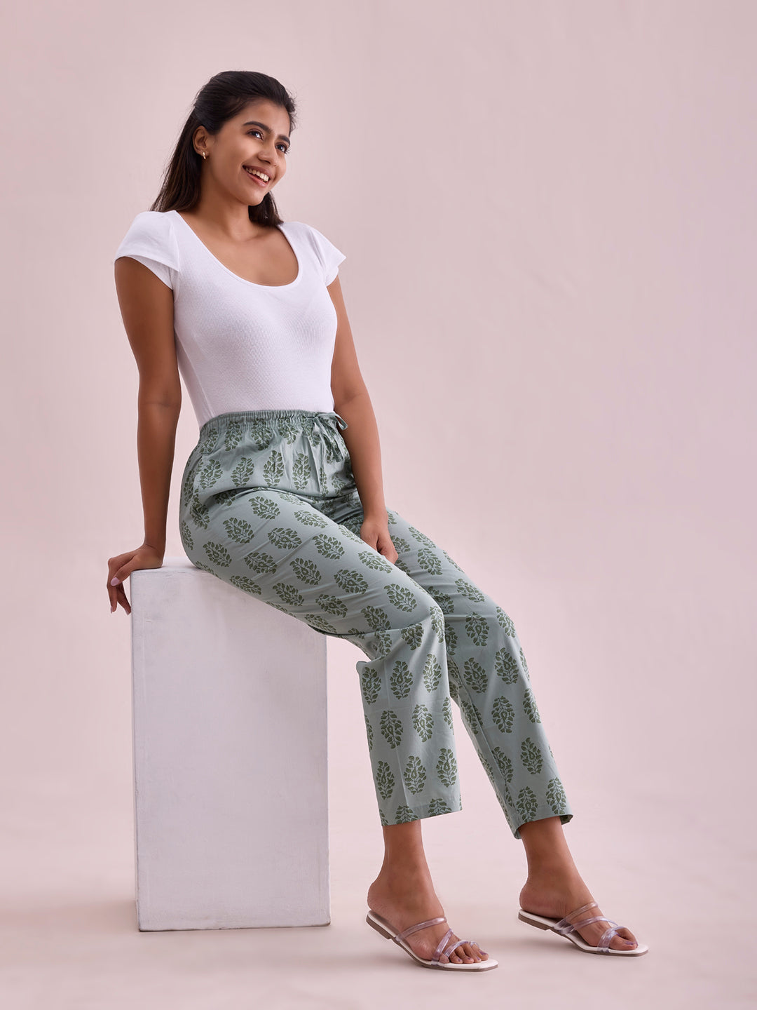 Women Printed Greens Cotton Knit Lounge Pants