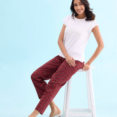 Women Printed Red Cotton Lounge Pants