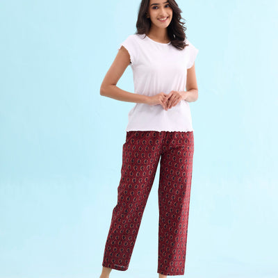 Women Printed Red Cotton Lounge Pants