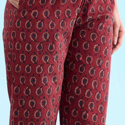 Women Printed Red Cotton Lounge Pants