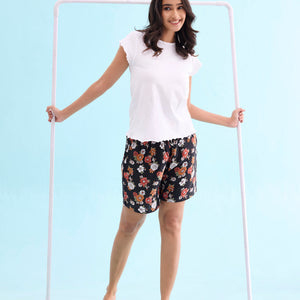 Women Printed Black Woven Viscose Mid Rise Lounge Shorts