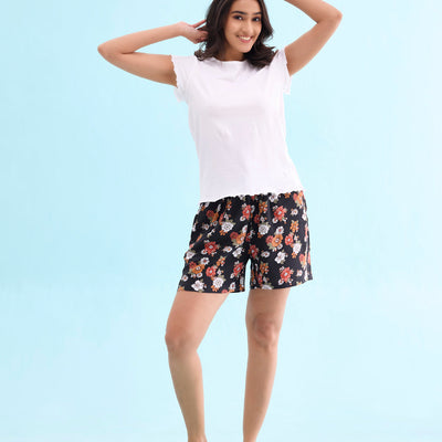 Women Printed Black Woven Viscose Mid Rise Lounge Shorts