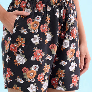 Women Printed Black Woven Viscose Mid Rise Lounge Shorts