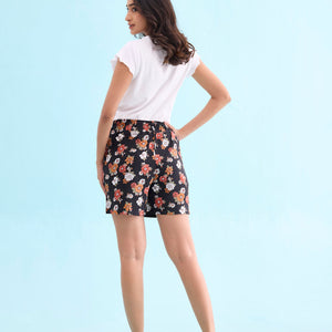 Women Printed Black Woven Viscose Mid Rise Lounge Shorts