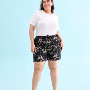 Women Printed Black Mid Rise Woven Viscose Lounge Shorts
