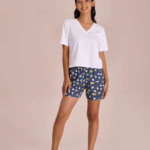 Women Printed Blue Viscose Woven Lounge Shorts