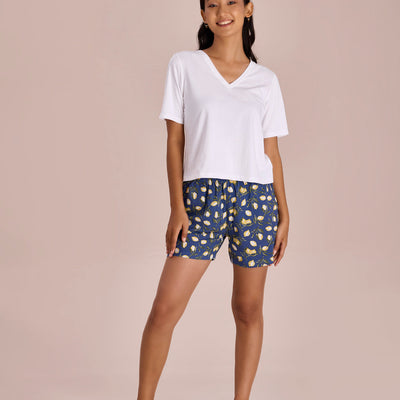Women Printed Blue Viscose Woven Lounge Shorts
