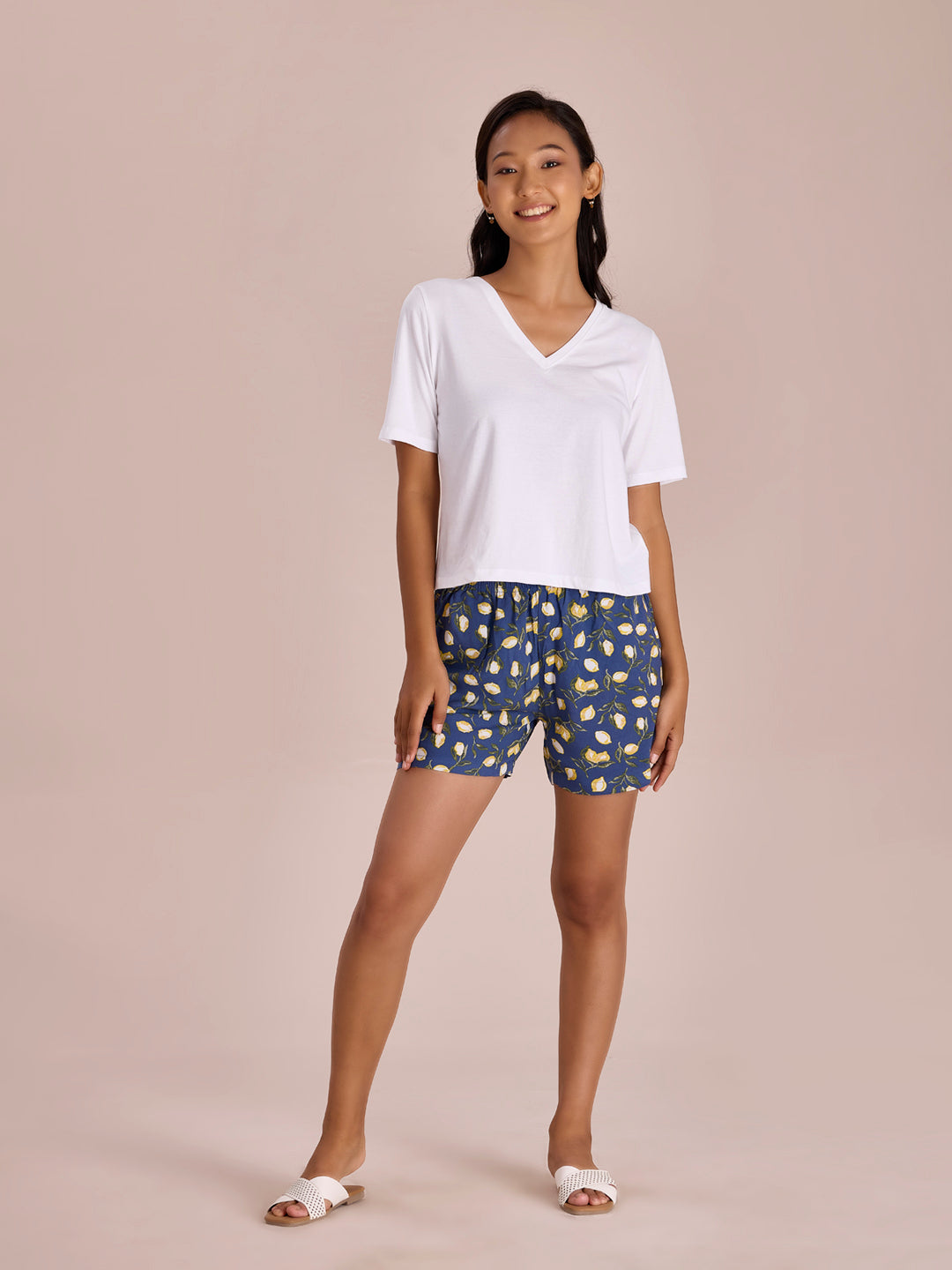 Women Printed Blue Viscose Woven Lounge Shorts