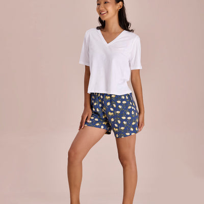 Women Printed Blue Viscose Woven Lounge Shorts