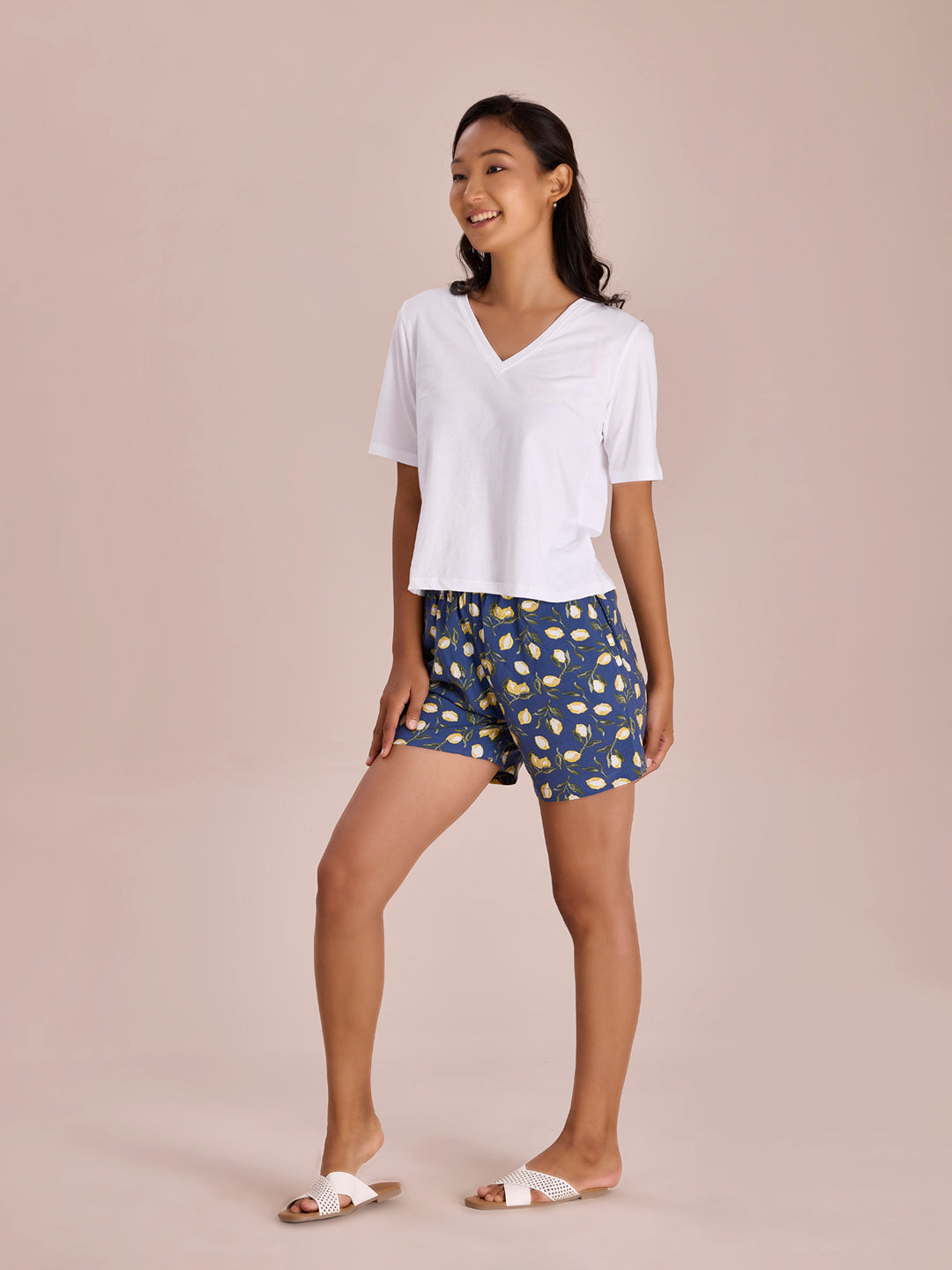 Women Printed Blue Viscose Woven Lounge Shorts