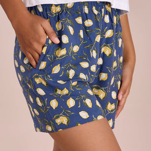 Women Printed Blue Viscose Woven Lounge Shorts