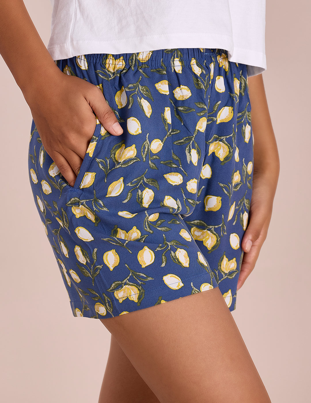 Women Printed Blue Viscose Woven Lounge Shorts