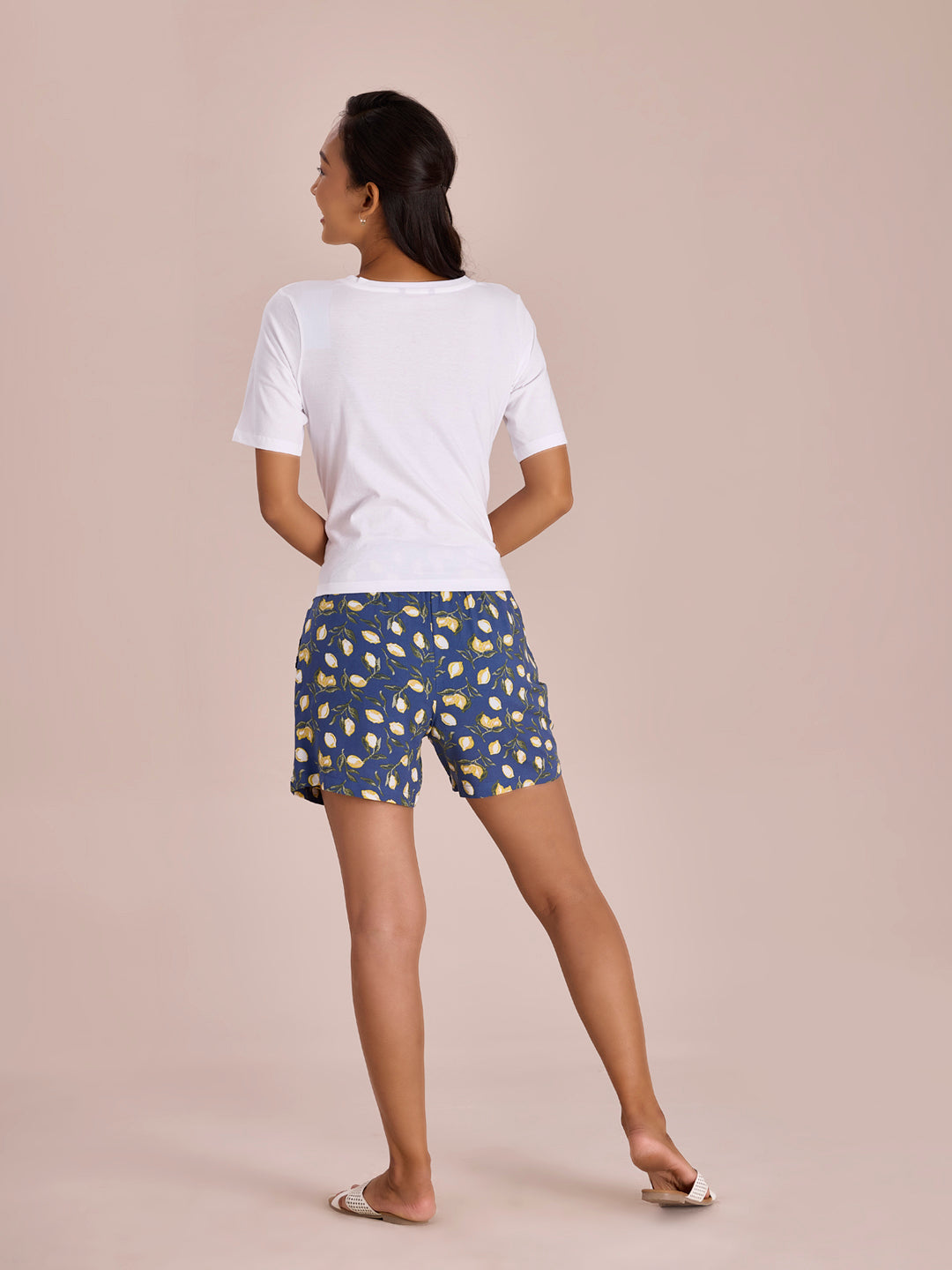 Women Printed Blue Viscose Woven Lounge Shorts