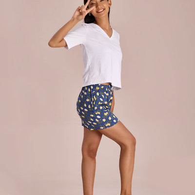 Women Printed Blue Viscose Woven Lounge Shorts