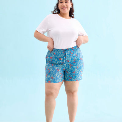 Women Blue Printed Mid Rise Viscose Lounge Shorts