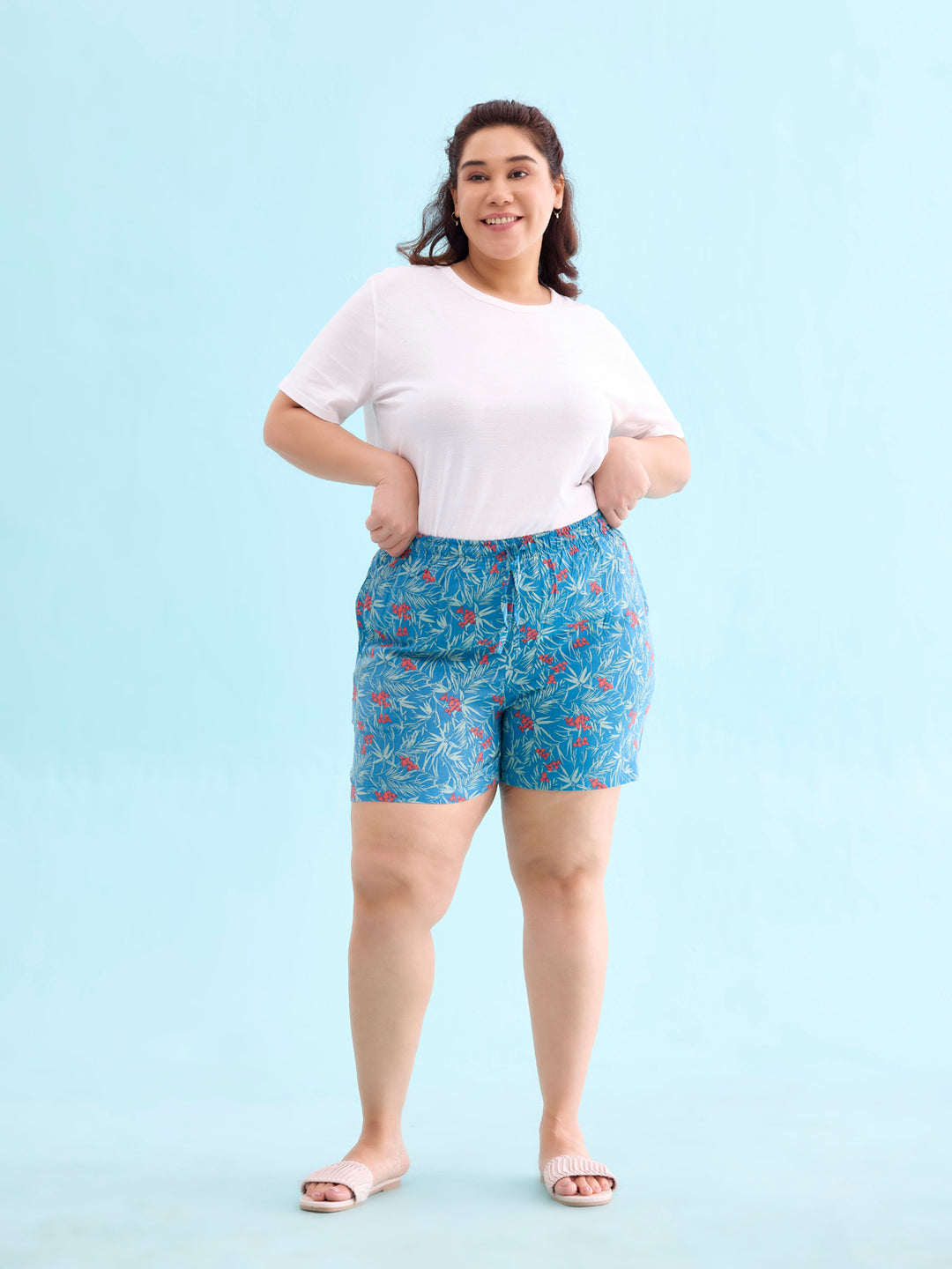 Women Blue Printed Mid Rise Viscose Lounge Shorts