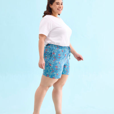 Women Blue Printed Mid Rise Viscose Lounge Shorts