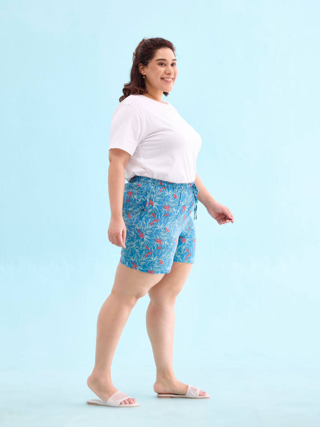 Women Blue Printed Mid Rise Viscose Lounge Shorts