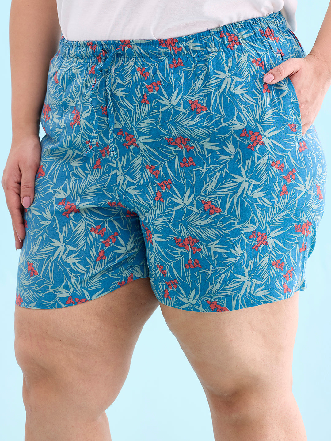 Women Blue Printed Mid Rise Viscose Lounge Shorts
