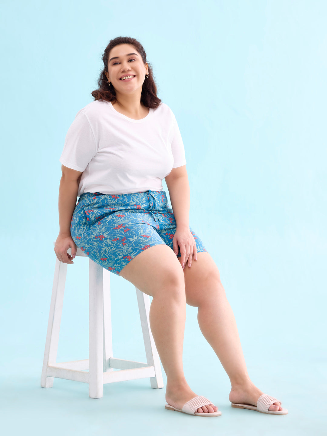 Women Blue Printed Mid Rise Viscose Lounge Shorts