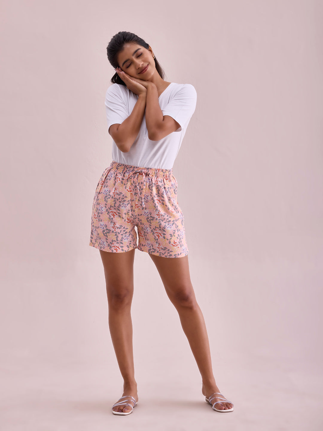 Women Printed Light Pink Viscose Lounge Shorts