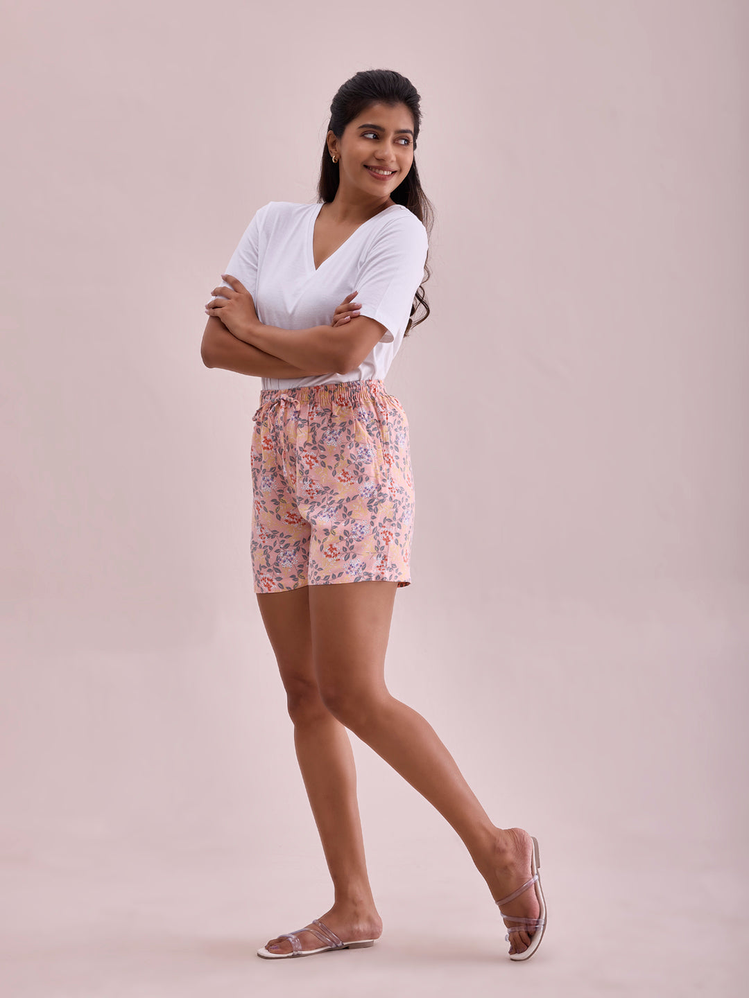Women Printed Light Pink Viscose Lounge Shorts