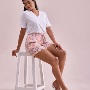 Women Printed Light Pink Viscose Lounge Shorts