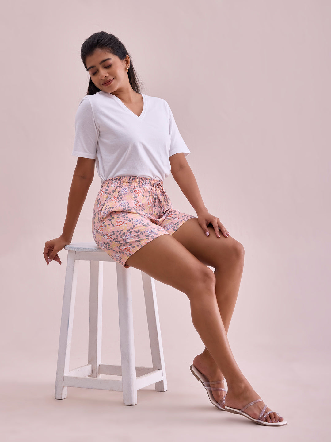 Women Printed Light Pink Viscose Lounge Shorts