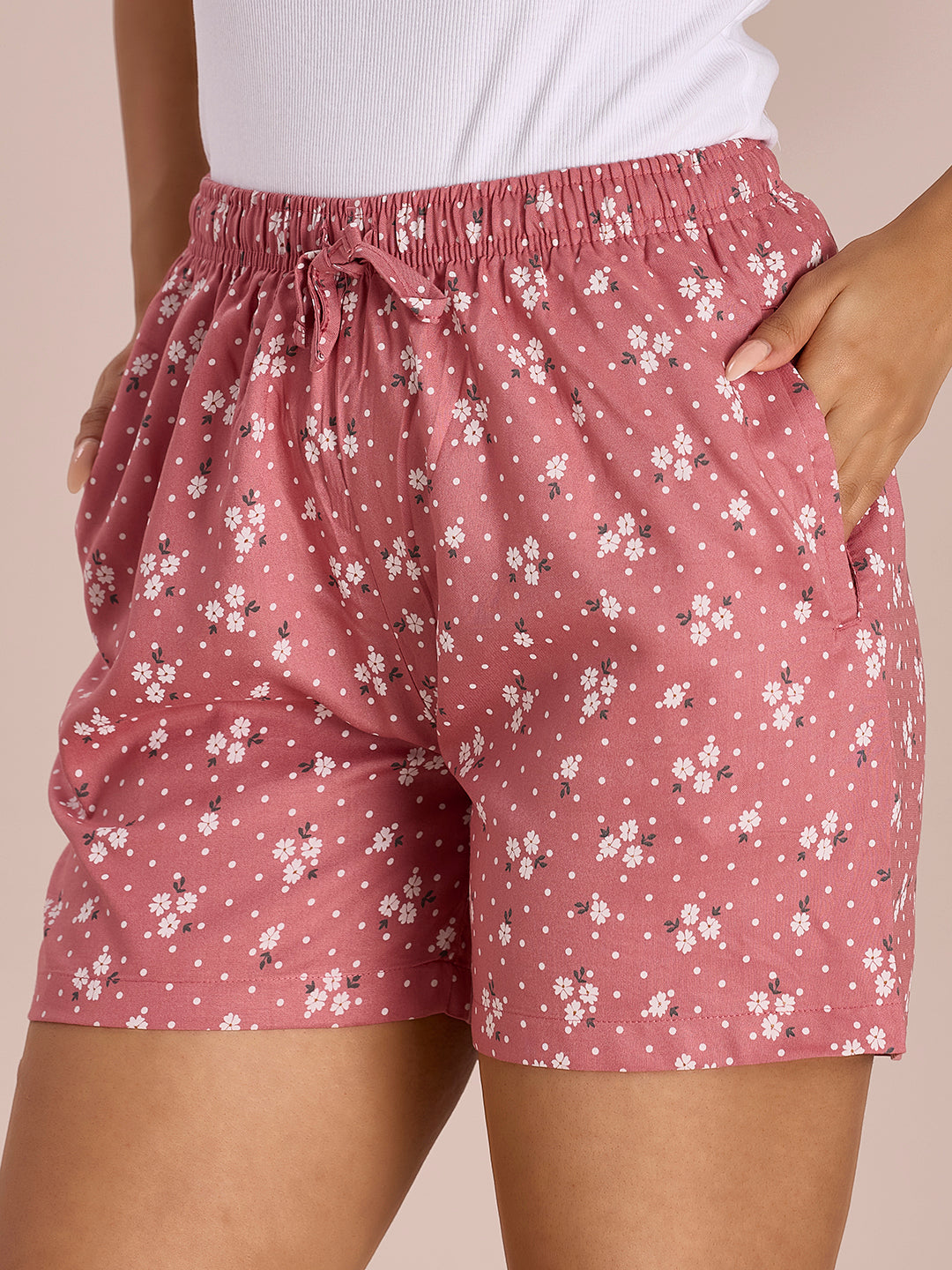 Women Printed Medium Pink Viscose Mid Rise Lounge Shorts