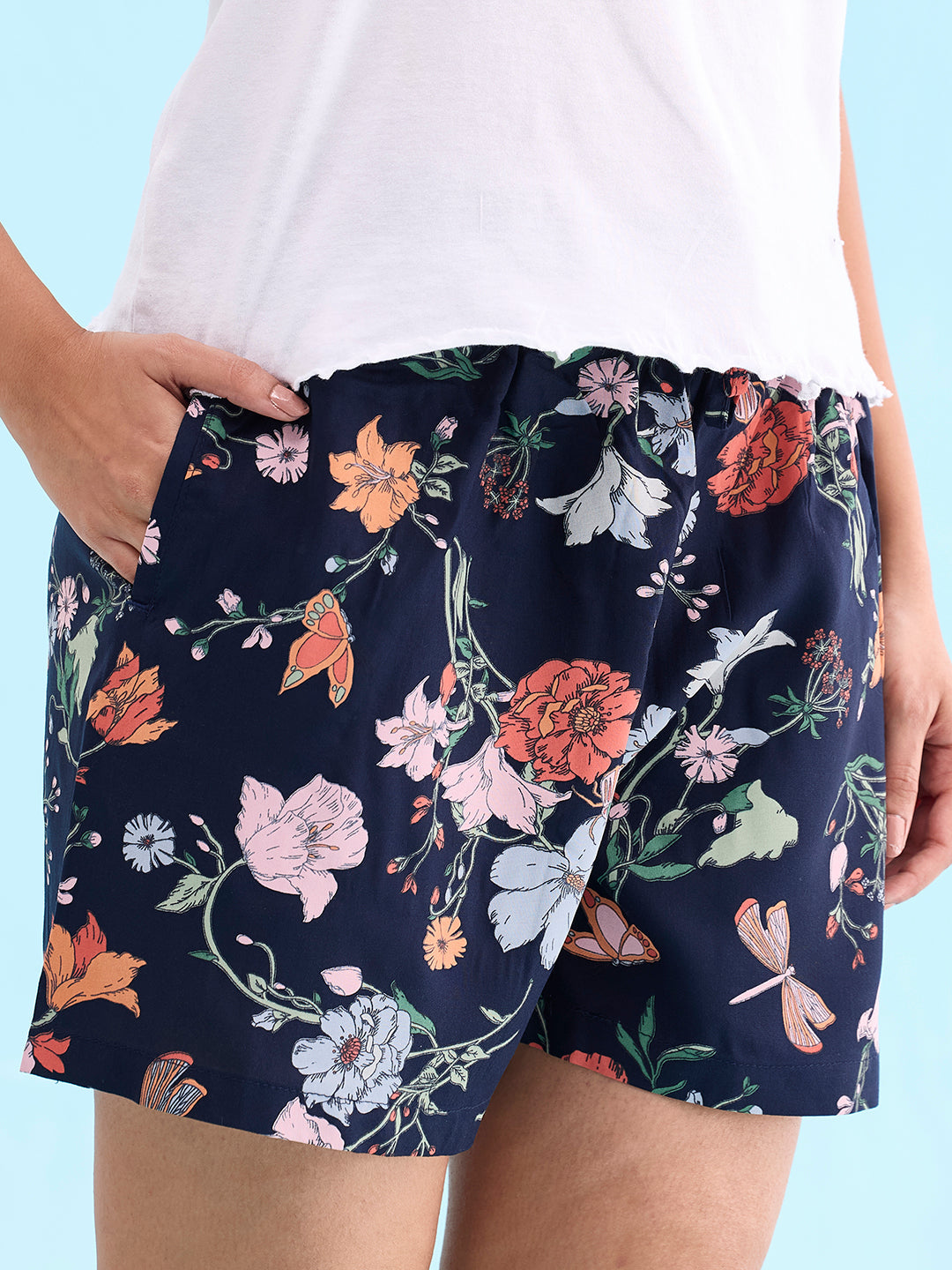 Women Printed Navy Woven Viscose Lounge Shorts