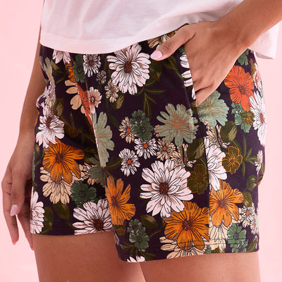 Women Printed Black Cotton Knit Mid Rise Relaxed Fit Lounge Shorts