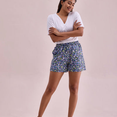 Women Printed Black Cotton Knit Relaxed Fit Mid Rise Lounge Shorts
