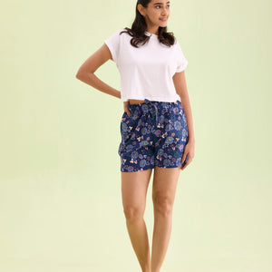 Women Printed Blue Cotton Knit Lounge Shorts