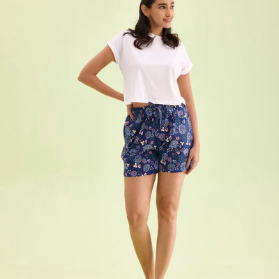 Women Printed Blue Cotton Knit Lounge Shorts