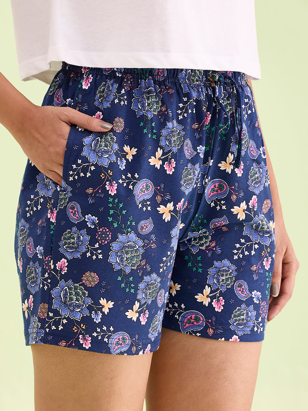 Women Printed Blue Cotton Knit Lounge Shorts