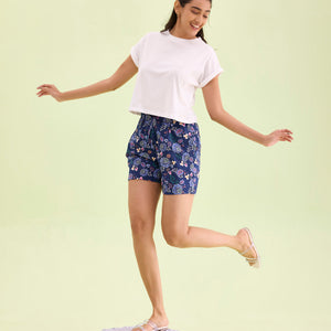 Women Printed Blue Cotton Knit Lounge Shorts