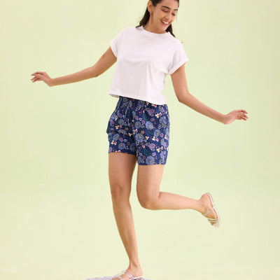 Women Printed Blue Cotton Knit Lounge Shorts