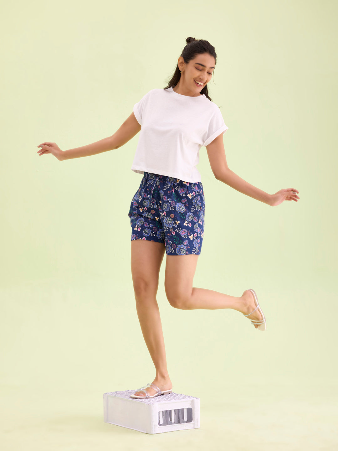 Women Printed Blue Cotton Knit Lounge Shorts