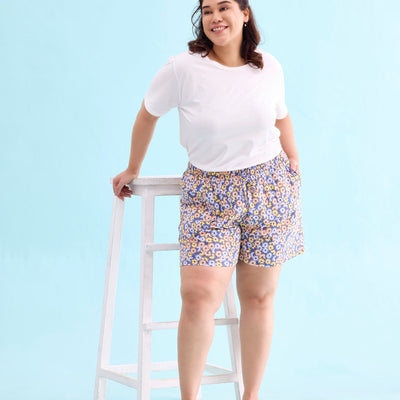 Women Printed Blues Cotton Knit Lounge Shorts