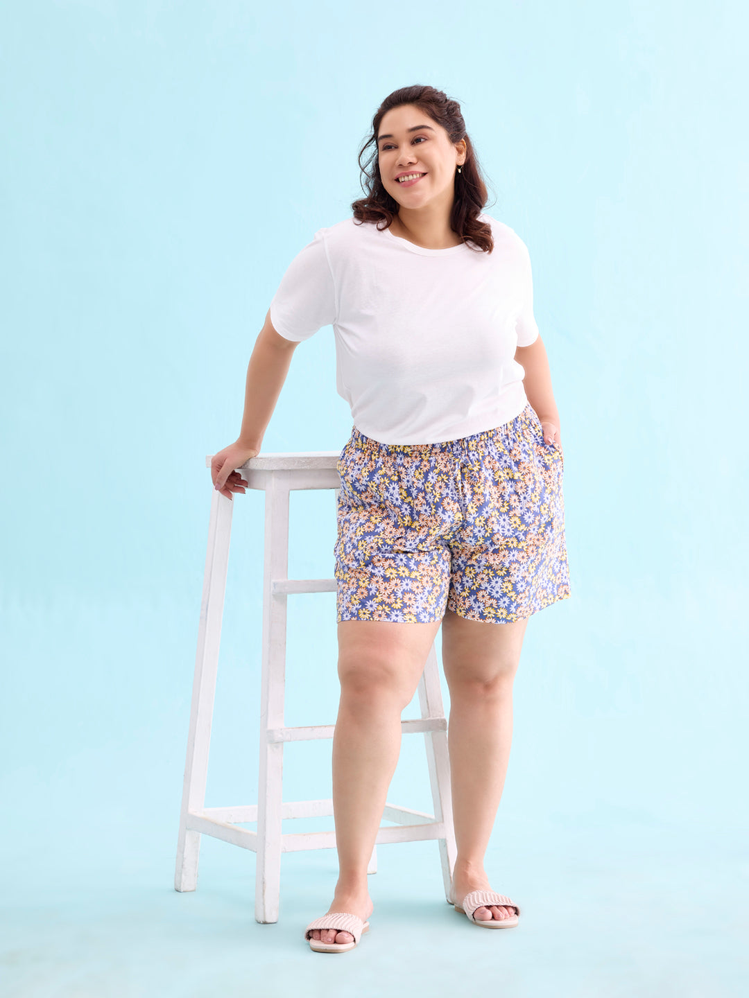 Women Printed Blues Cotton Knit Lounge Shorts