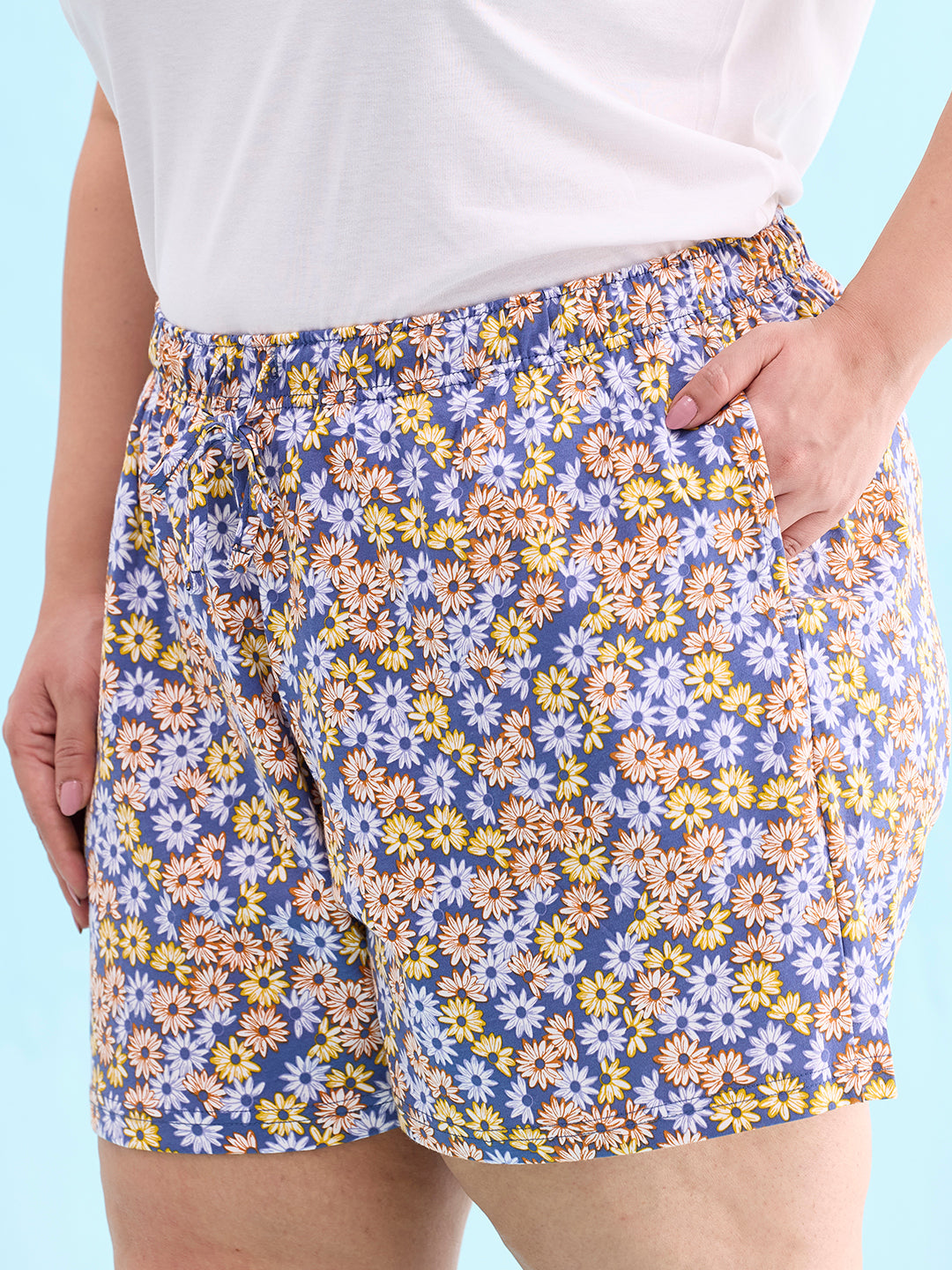 Women Printed Blues Cotton Knit Lounge Shorts