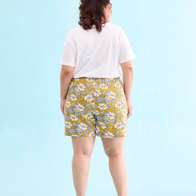 Women Printed Yellow Cotton Knit Lounge Shorts