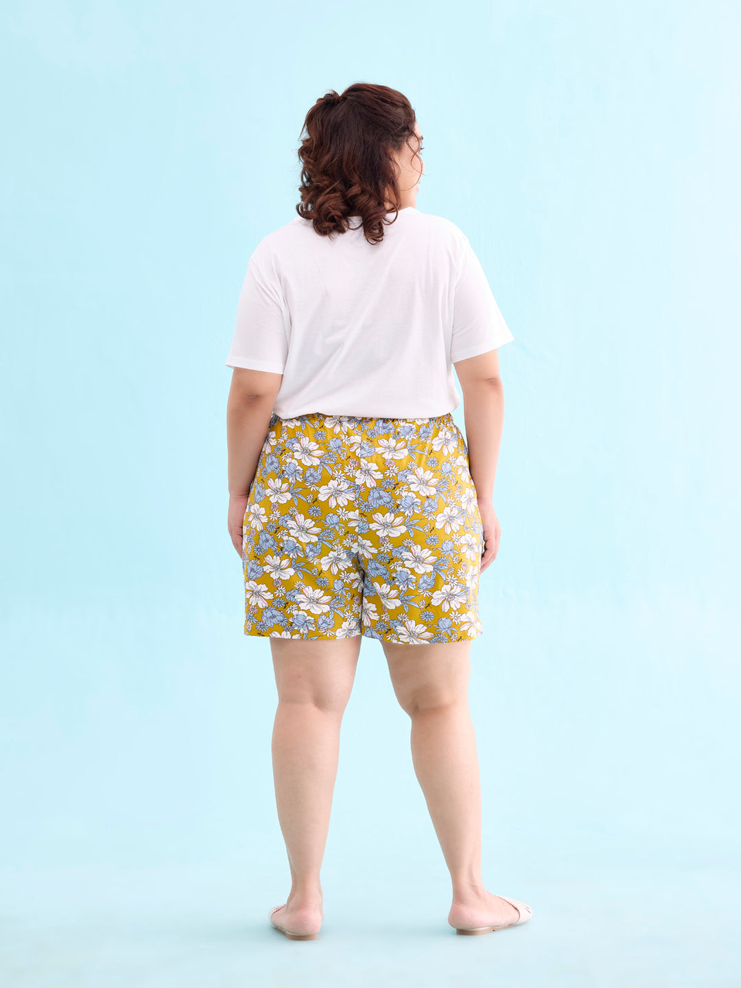 Women Printed Yellow Cotton Knit Lounge Shorts